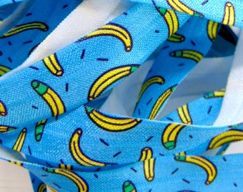 Banana Print Fold Over Elastic, 5/8 inch FOE, Printed Elastics, Flat Sewing Supplies, DIY Hair Tie Making, Tropical Fruit, Blue Yellow