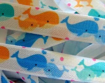 Whale Print Fold Over Elastic, 5/8 inch FOE, Soft Printed Elastics, Flat Sewing Supplies, DIY Hair Tie Making, Under The Sea, Ocean, Beach
