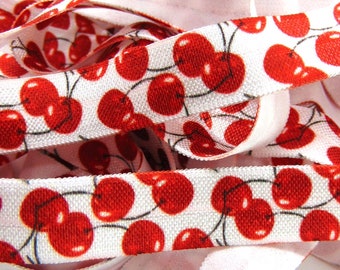 Cherry Print Fold Over Elastic, 5/8 inch FOE, Soft Printed Elastics, Flat Sewing Supplies, Fun DIY Hair Tie Making, Fruit, Red Cherries