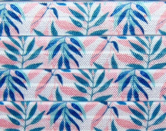 Tropical Palm Tree Leaves Print Fold Over Elastic, 5/8 inch FOE, Soft Printed Elastics, Sewing Supplies, DIY Hair Tie Making, Pink Blue