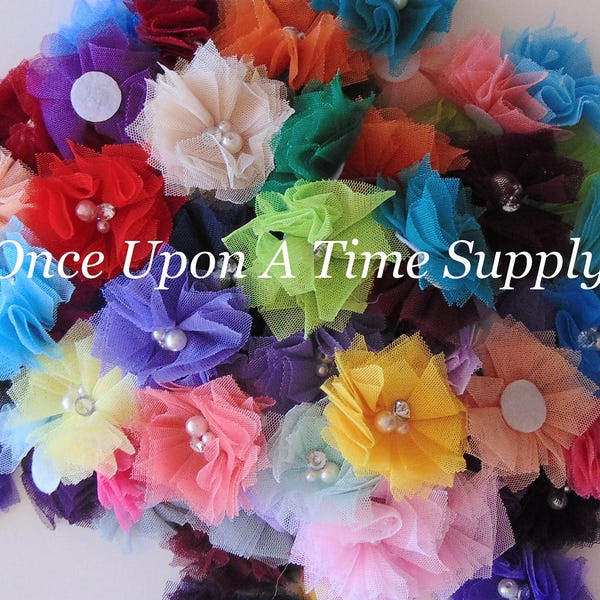 Grab Bag Tulle Twirl Flowers - DIY Headband Hair Accessories Supplies - 2 Inch Pearl Bow Wedding or Flower Girl Supply - Choice of Amount
