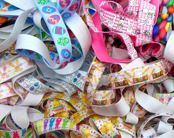 Grab Bag of Easter Printed Fold Over Elastic, Bunny Rabbit Print, 5 10 15 20 50 100 Yards, 5/8 inch FOE, Hair Tie Making, DIY Craft Supply
