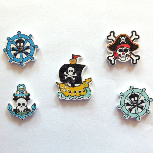 Pirate Ship Buttons, Grab Bag, Ship Buttons, Skull Crossbones, Flatback Wooden Buttons, Unique Sewing Fasteners, Craft Embellishment Supply