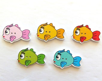 Fish Buttons, Grab Bag, Under The Sea Buttons, Ocean Creatures, Flatback Wooden Buttons, Unique Sewing Fasteners, Craft Embellishment Supply