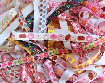 Grab Bag of Donut Print Fold Over Elastic, 5 10 15 20 50 100 Yards, 5/8 inch FOE, Hair Tie Making, DIY Headbands, Sewing Supplies, Craft