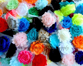 Grab Bag Mix of Solid Color Flowers, 2.5" Unfinished Chiffon Rose Trim Flowers, Hair Accessory Craft Embellishment, Headband Making Supplies