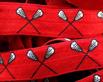 58 FOE Lacrosse Print Fold Over Elastic Team Sports Printed Elastic Kids DIY Hair Tie FOE White Red Lacrosse Elastic for Hair Ties