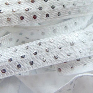 White Silver Polka Dot Print Fold Over Elastic, 5/8 inch FOE, Soft Printed Elastics, Flat Sewing Supplies, Fun DIY Hair Tie Making, Foil FOE