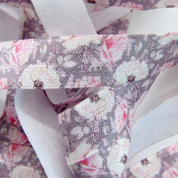 Floral Print Fold Over Elastic, 5/8 inch FOE, Soft Printed Elastics, Flat Sewing Supplies, DIY Hair Tie Making, Spring Flower, Pink Gray