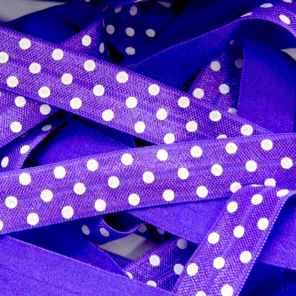 Purple and White Polka Dot Print Fold Over Elastic, 5/8 inch FOE, Soft Printed Elastics, Flat Sewing Supplies, Fun DIY Hair Tie Making, FOE