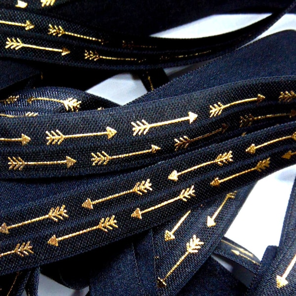 Gold Black Arrow Print Fold Over Elastic for Baby Headband - Up to 5 Yards of 5/8 inch Print FOE Pretty Trendy Fancy Deluxe Sold By The Yard