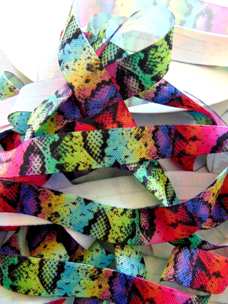 Reptile Rainbow Snake Skin Print Fold Over Elastic DIY Hair Tie FOE Elastic for Hair Ties Animal 58 FOE Snakeskin Printed Elastic