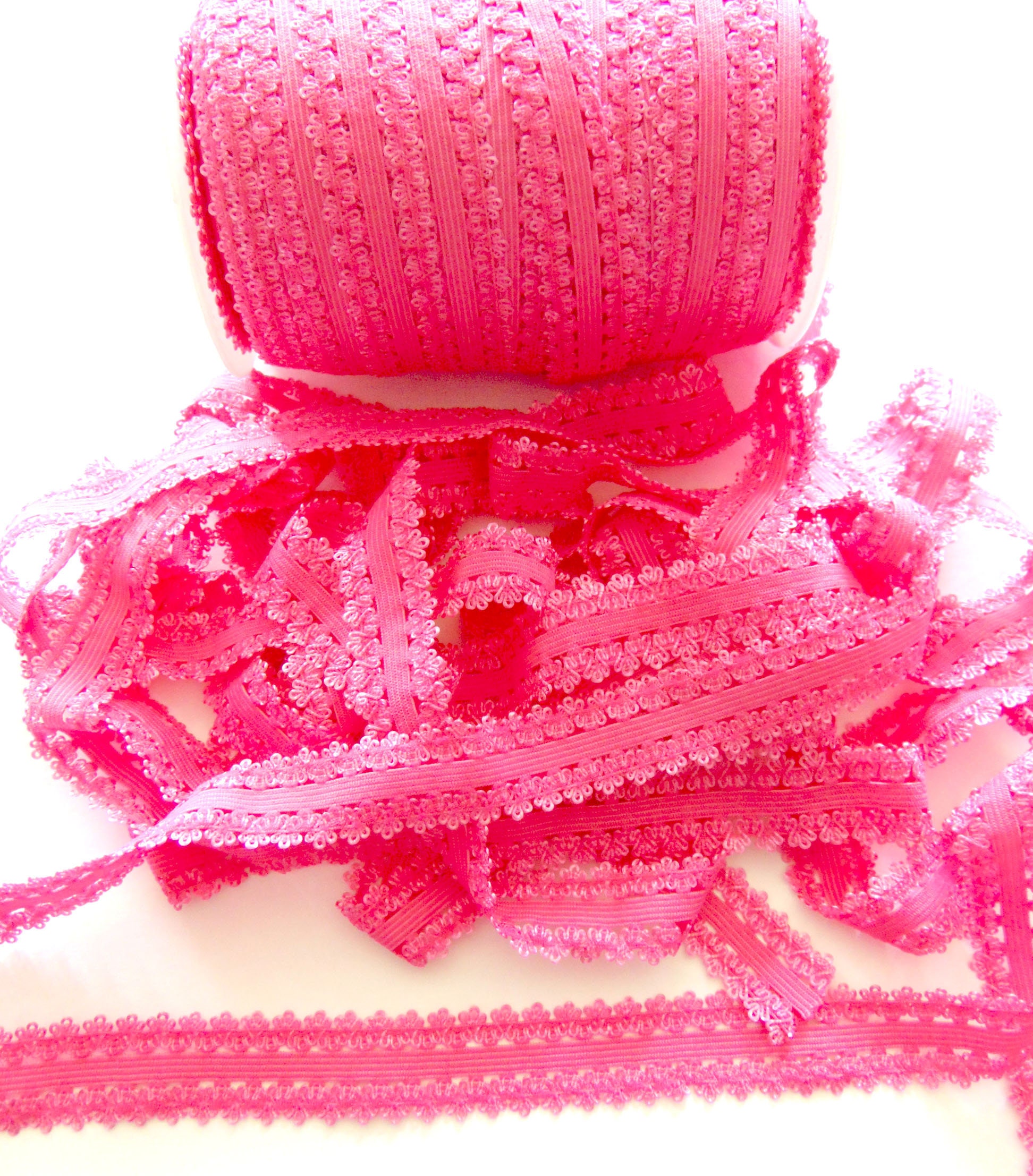 Bright Pink Picot Lace Elastic, 7/8" Soft Elastic, Sewing Supplies, Craft Supply, DIY Hair Tie Elastic, Sold By The Yard, Solid Color Trim