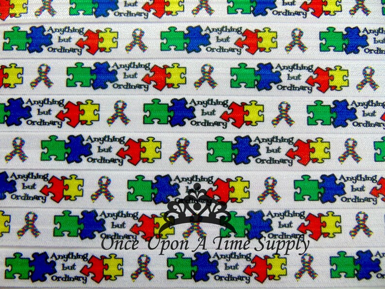 Elastic for Hair Ties 58 FOE Puzzle Piece Printed Elastic DIY Hair Tie FOE Red Blue Yellow Autism Awareness Print Fold Over Elastic
