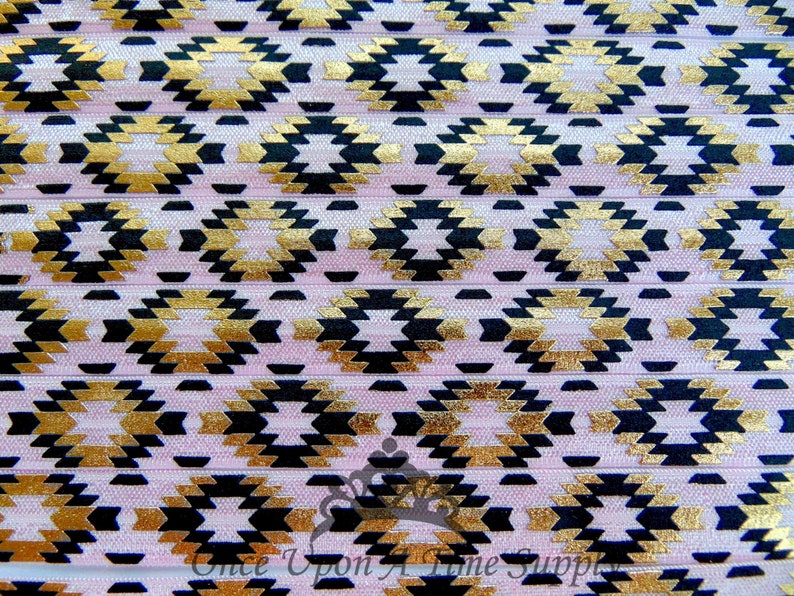 Black Pink Aztec Print Fold Over Elastic Foil Printed Elastics Fun DIY Hair Tie Making Southwestern Flat Sewing Supplies 58 inch FOE