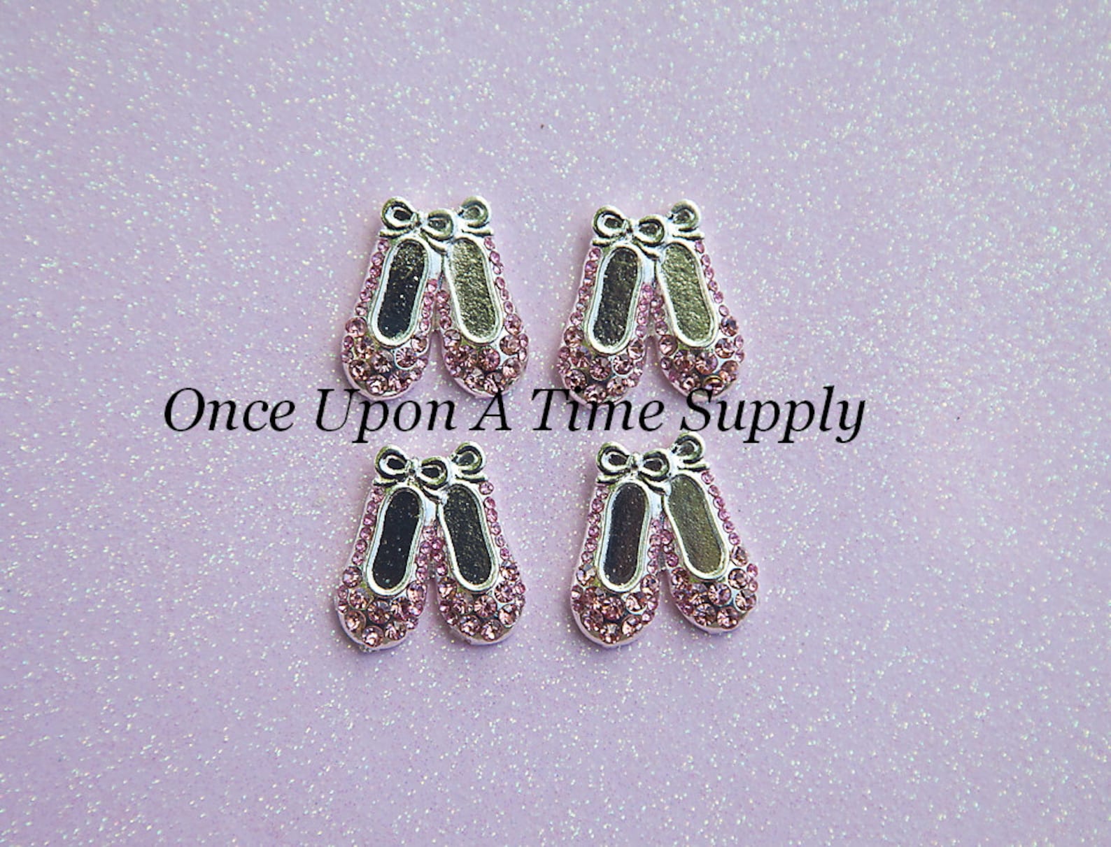 pink ballet slipper shaped metal rhinestone flat back charms - silver clear setting flatback 25mm - ballerina dance shoes embell
