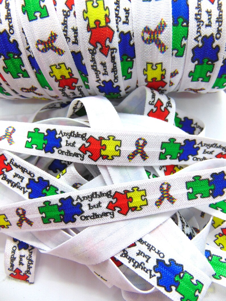 Elastic for Hair Ties 58 FOE Puzzle Piece Printed Elastic DIY Hair Tie FOE Red Blue Yellow Autism Awareness Print Fold Over Elastic