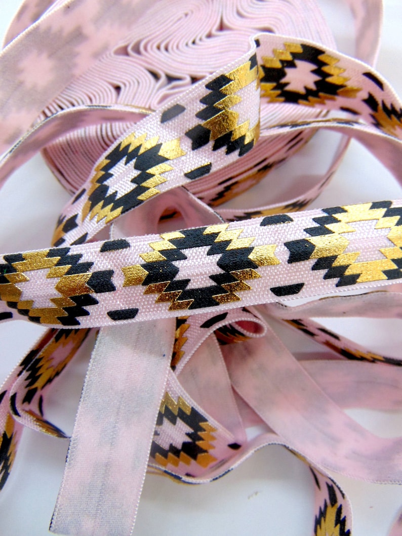 Black Pink Aztec Print Fold Over Elastic Foil Printed Elastics Fun DIY Hair Tie Making Southwestern Flat Sewing Supplies 58 inch FOE