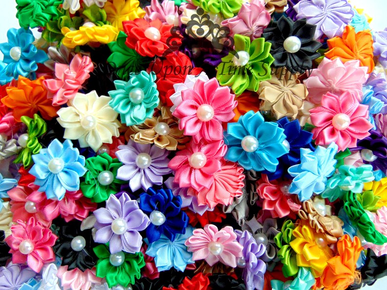 Grab Bag Satin Starburst Flowers Choice of Amount DIY Headband Hair Accessories Supplies 1.5 Inch Pearl Bow Wedding Flower Girl Supply