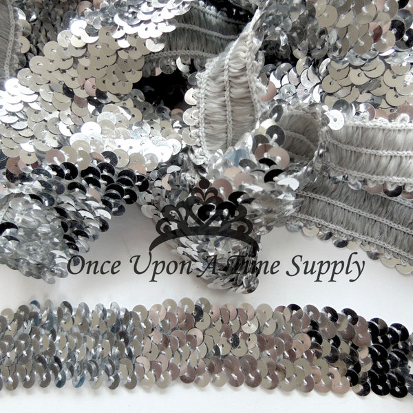 Silver Sequin Stretch Elastic - Up To 5 Yards 1 Inch 3 Row Craft Supply Solid Color By The Yard Stretchy Elastic For Baby Headbands or Trim