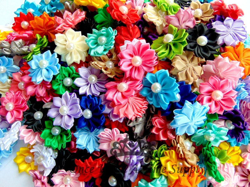 Grab Bag Satin Starburst Flowers Choice of Amount DIY Headband Hair Accessories Supplies 1.5 Inch Pearl Bow Wedding Flower Girl Supply