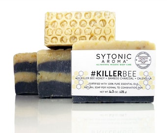 Killer Bee Soap - Killer Bee HONEY + Activated Bamboo CHARCOAL + CALENDULA (6.0 to 6.3 oz.) - All Natural, Handmade Soap