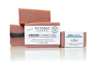 ROSE CHARCOAL Soap - Rose Clay + Activated Bamboo Charcoal (6.0 to 6.3 oz.) - All Natural, VEGAN, Handmade Soap