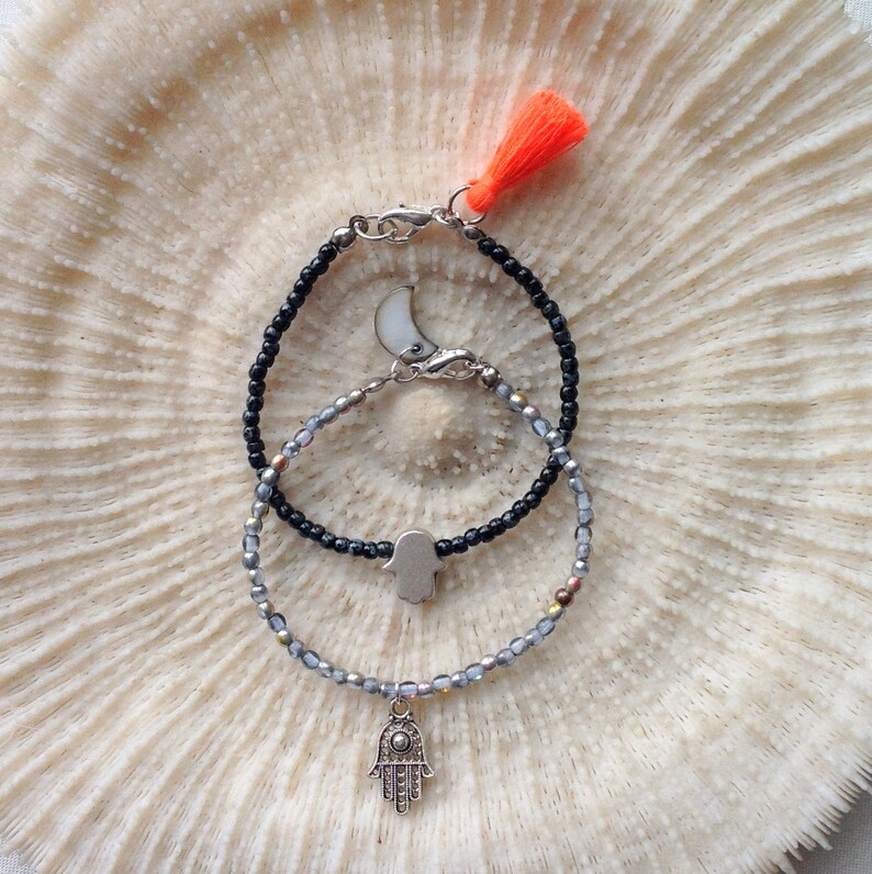 Hamsa charm bracelet Dark gray anthracite beaded bracelet Etsy
