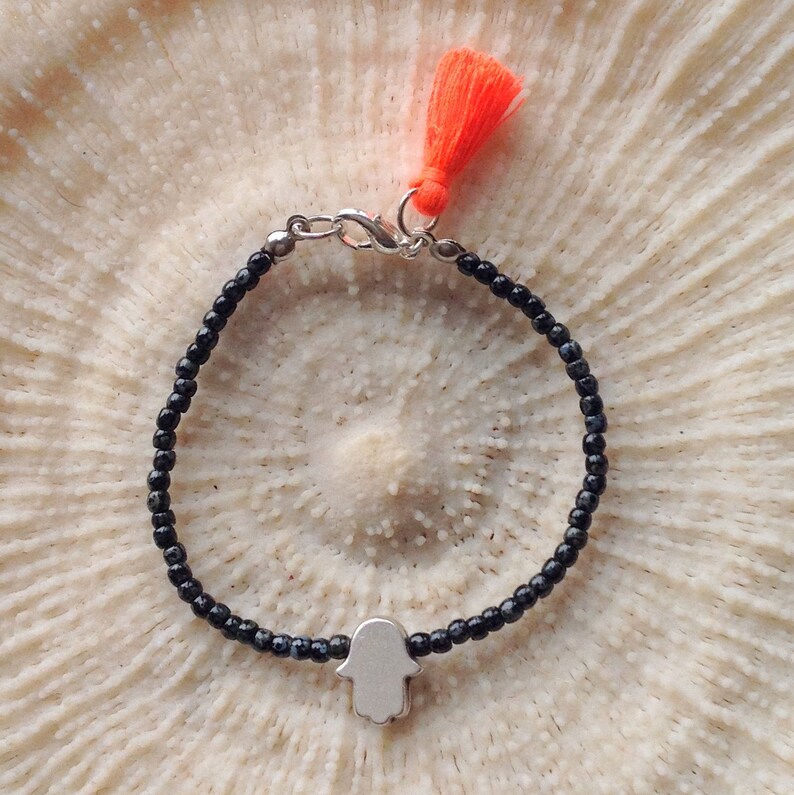 Hamsa charm bracelet Dark gray anthracite beaded bracelet Etsy