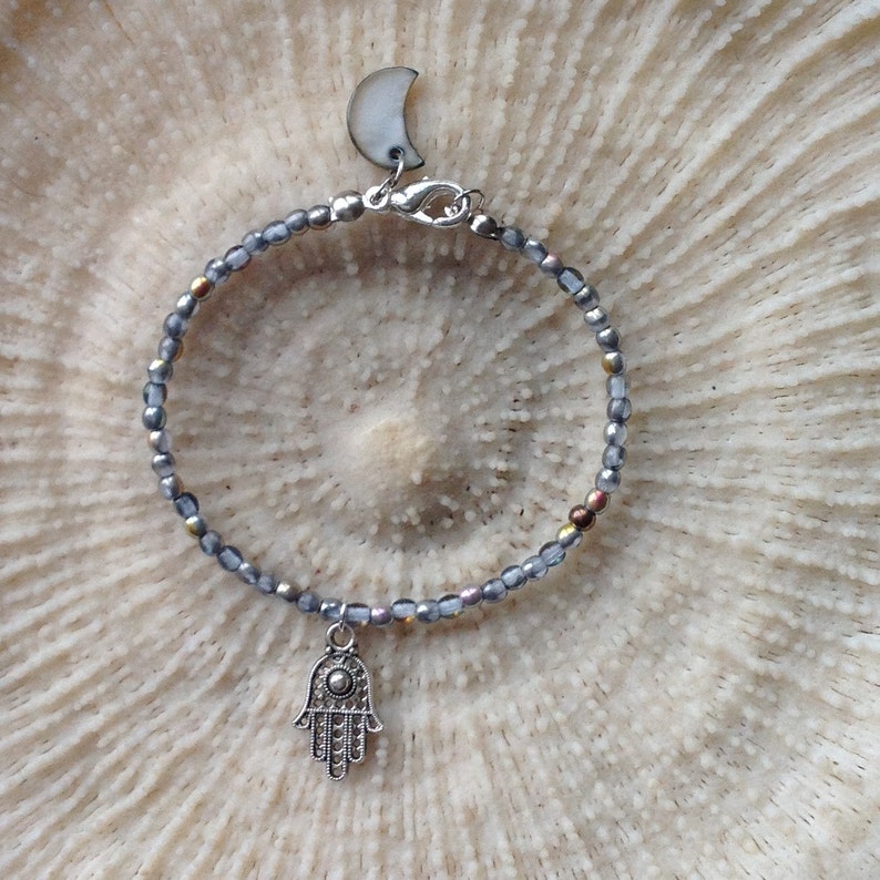 Hamsa charm bracelet Dark gray anthracite beaded bracelet Etsy