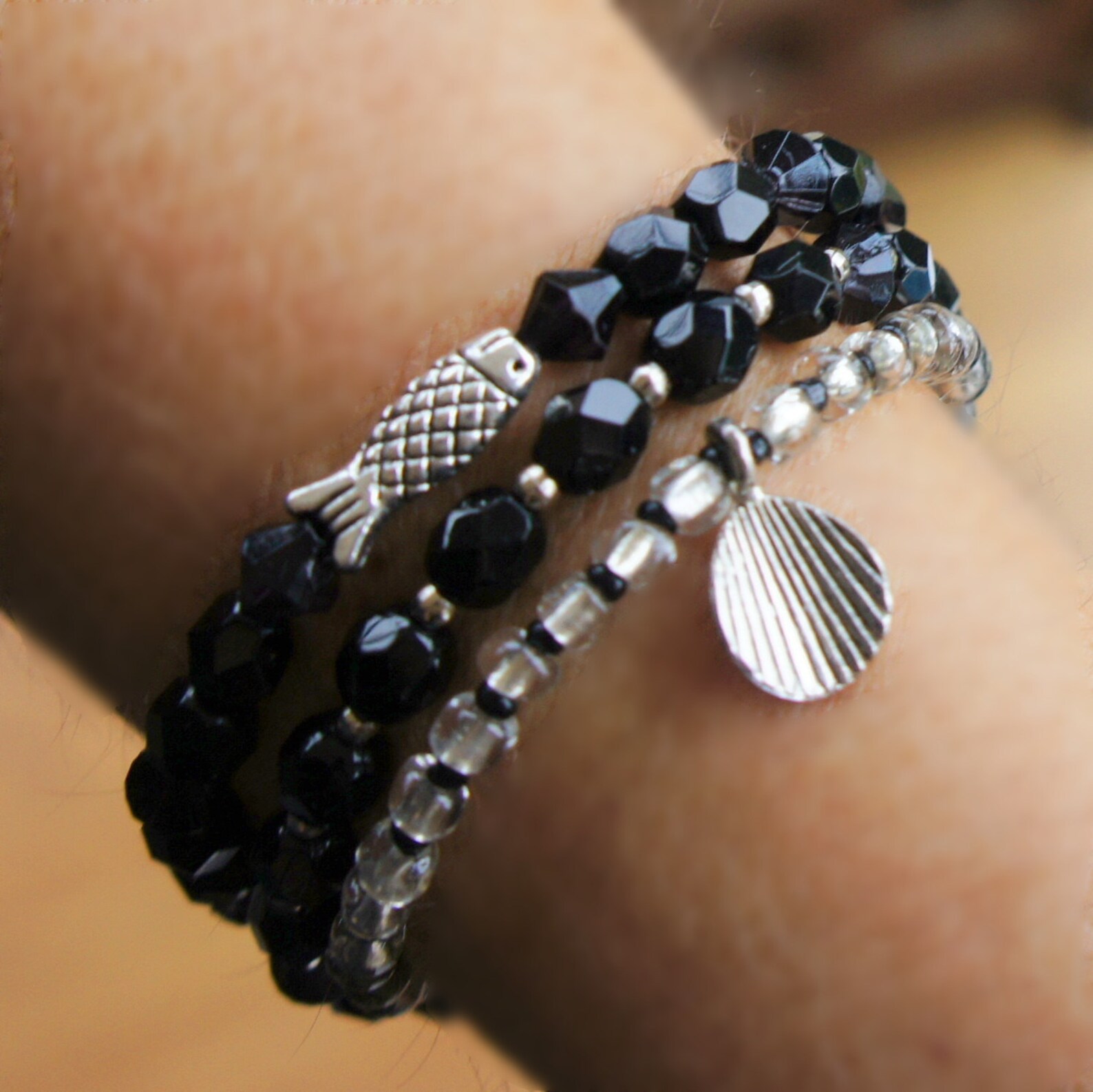 Black crystal bracelet Charm bracelet Black beaded bracelet Etsy