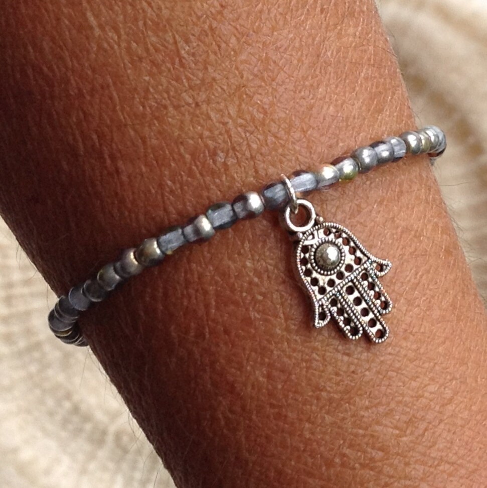 Hamsa charm bracelet Dark gray anthracite beaded bracelet Etsy