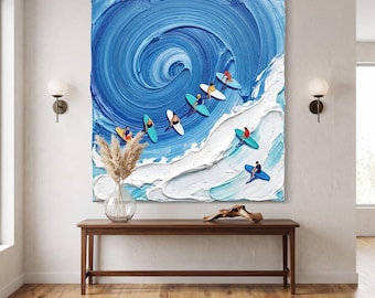 Surfers on Ocean Wave Textured Painting, Heavy Impasto Palette Knife Oil Art, Abstract Blue Seascape Canvas, Large Square Wall Decor
