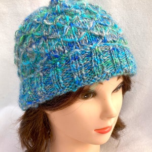 Blue and Green Hat, Hand Spun Alpaca Hat, image 1