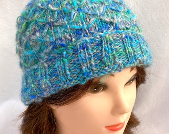 Blue and Green Hat,  Hand Spun Alpaca Hat,