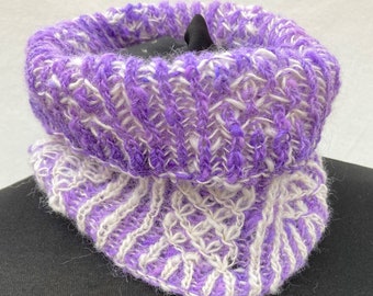 Hand Spun Alpaca Cpowl,  Brioche Alpaca Cowl, Lavender and White Alpaca Cowl