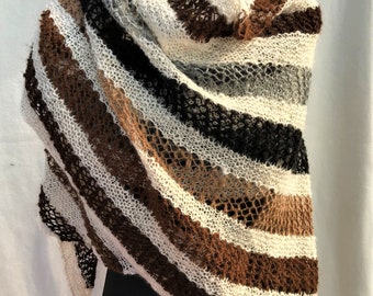 Handspun Alpaca Shawl Assymetric Shawl, Scarf, or Wrap in White with Natural Grey Brown and Black