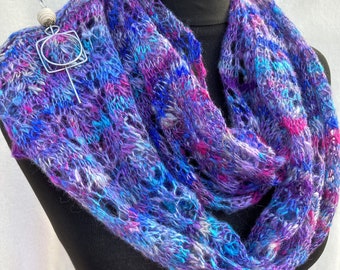 Blues and Pinks Alpaca Shawl  Wrap or Scarf Hand Knitted in Hand spun Handpainted Alpaca, Lace Scarf, Alpaca Lace Scarf