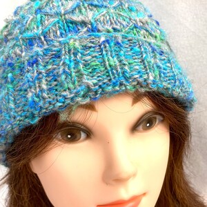 Blue and Green Hat, Hand Spun Alpaca Hat, image 4