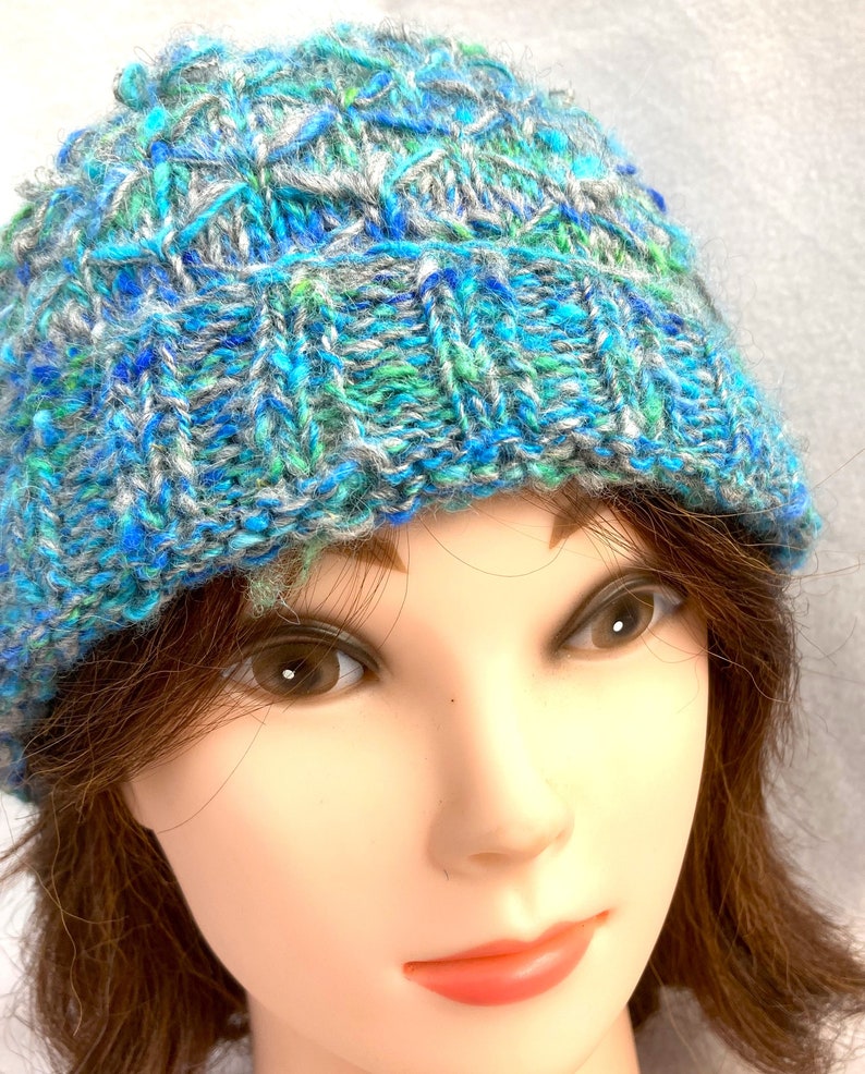 Blue and Green Hat, Hand Spun Alpaca Hat, image 4