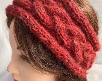 Red Alpaca Headband,Handspun Alpaca Headband, Cable Design Ear Warmer