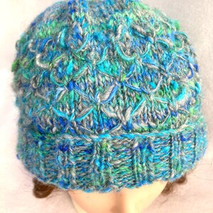 Blue and Green Hat, Hand Spun Alpaca Hat, image 5