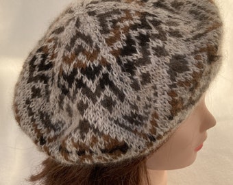 Vintage Style Alpaca Hat, Fair Isle Tam o' Shanter , Alpaca Hat in Fawn, Brown, Black and Grey
