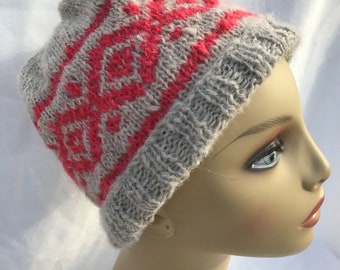 Light Grey Handspun Alpaca Hat with Red Fair Isle Pattern