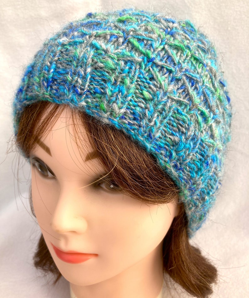 Blue and Green Hat, Hand Spun Alpaca Hat, image 9