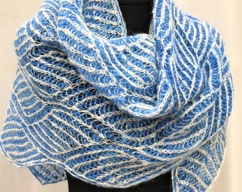 Blue and White Brioche Alpaca Shawl. Hand Spun Alpaca Wrap, Lace Scarf, Alpaca Shawl, Alpaca Wrap, Alpaca Scarf