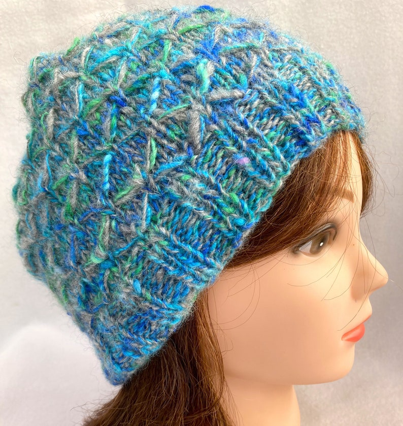 Blue and Green Hat, Hand Spun Alpaca Hat, image 3