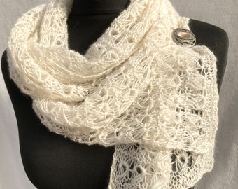 White Lacy Alpaca Scarf, Handspun Alpaca Lace Scarf, White Scarf, Cream Scarf, Lacy Alpaca Shawl