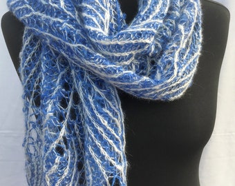 Luxury Alpaca Reversible Scarf Hand Knitted in Brioche Lace In Blue and White Hand Spun Alpaca, Alpaca Shawl, Brioche Shawl,