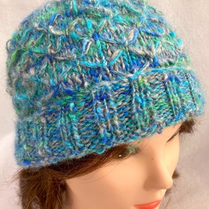 Blue and Green Hat, Hand Spun Alpaca Hat, image 2